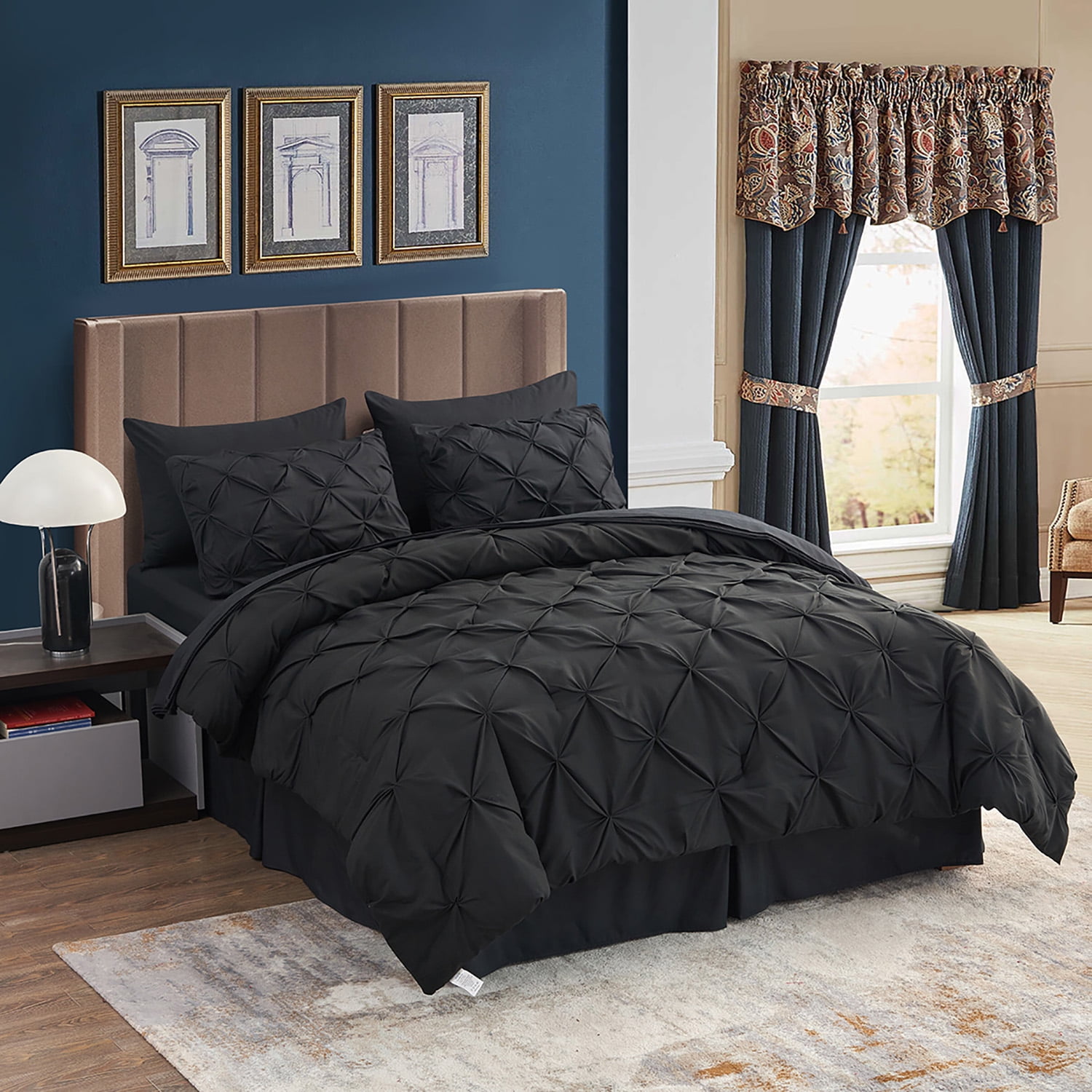 HAOK 8 Piece Pinch Pleated Pintuck Comforter Set - Bedding Bed in A Bag, King, Black