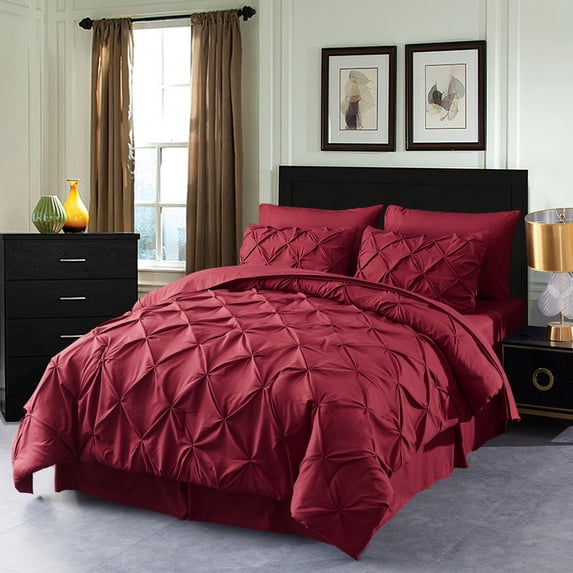 HAOK 8 Piece Pinch Pleated Pintuck Comforter Set - Bedding Bed in A Bag, King, Burgundy