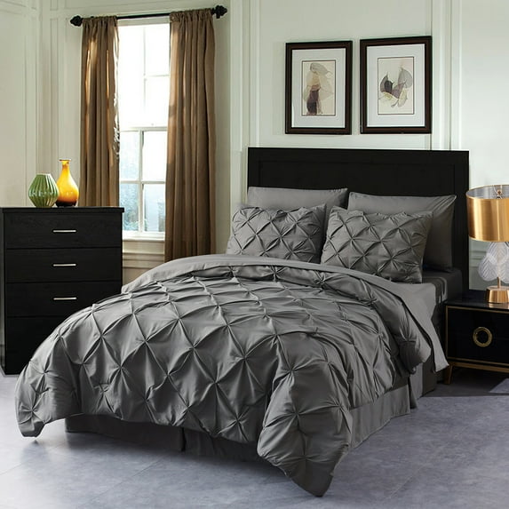HAOK 8 Piece Pinch Pleated Pintuck Comforter Set - Bedding Bed in A Bag, Queen, Dark Grey