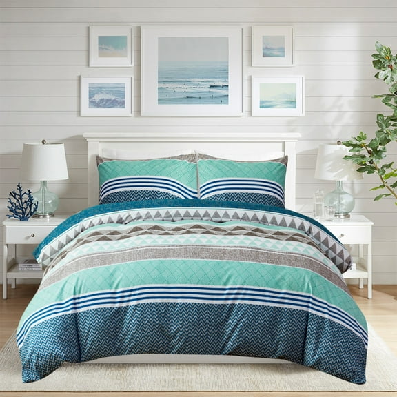HAOK Duvet Cover Set Queen Size, 3 Pieces Soft Washed Microfiber Duvet Cover with Zipper Closure & Corner Ties, Green & Navy Blue