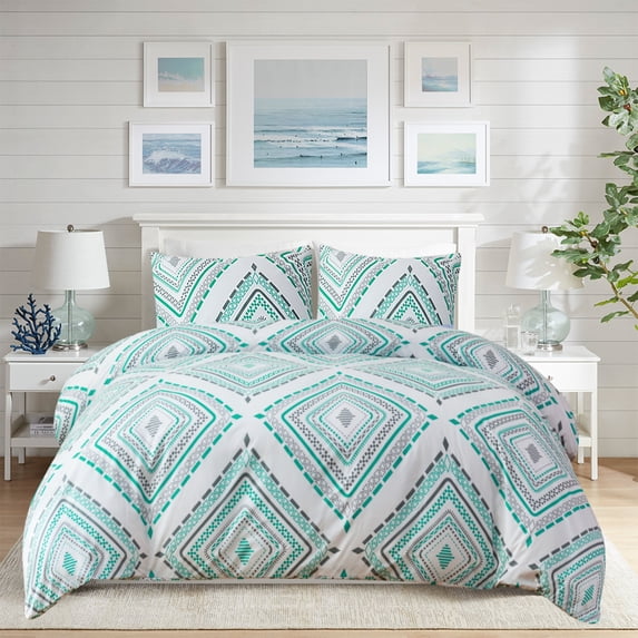 HAOK Duvet Cover Set Queen Size, 3 Pieces Soft Washed Microfiber Duvet Cover with Zipper Closure & Corner Ties, Green & White Diamond
