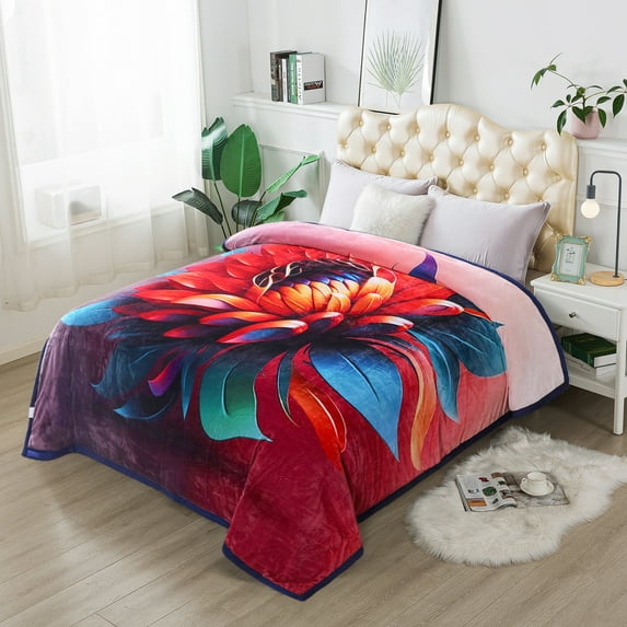 HAOK Fleece Bed Blanket Queen Size 85" x 93", 3-Ply Heavy Thick Winter Blanket 8lb, Floral Printed Yellow Blue & Orange