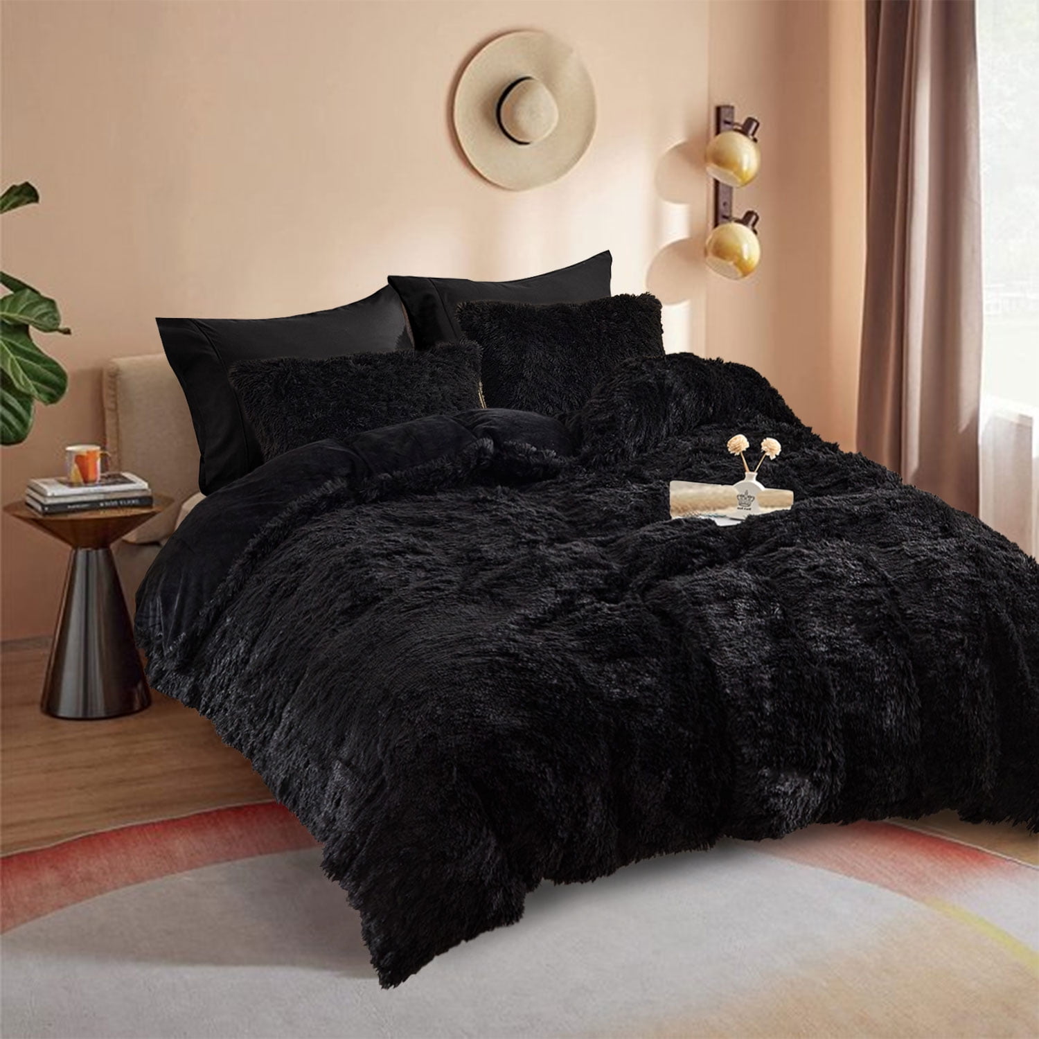 Luxurious Black Microfiber King Size 5-Piece Fluffy Duvet Cover Set