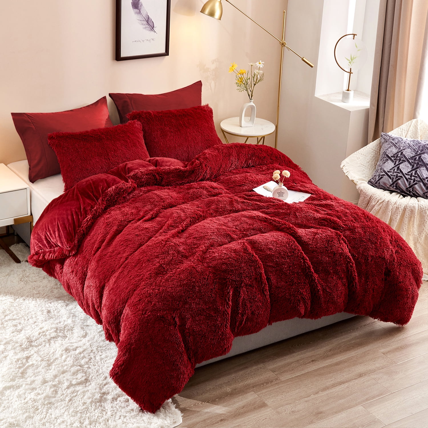 HAOK Queen Plush Shaggy Duvet Cover Set With 2 Pillow Shams,2 Pillowcases,5 Piece,Burgundy
