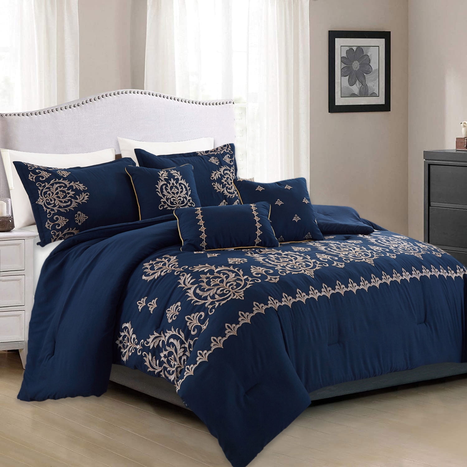 HAOK Soft 7 Piece Comforter Set Bed in a Bag, Embroidery Design, King, Navy/Gold