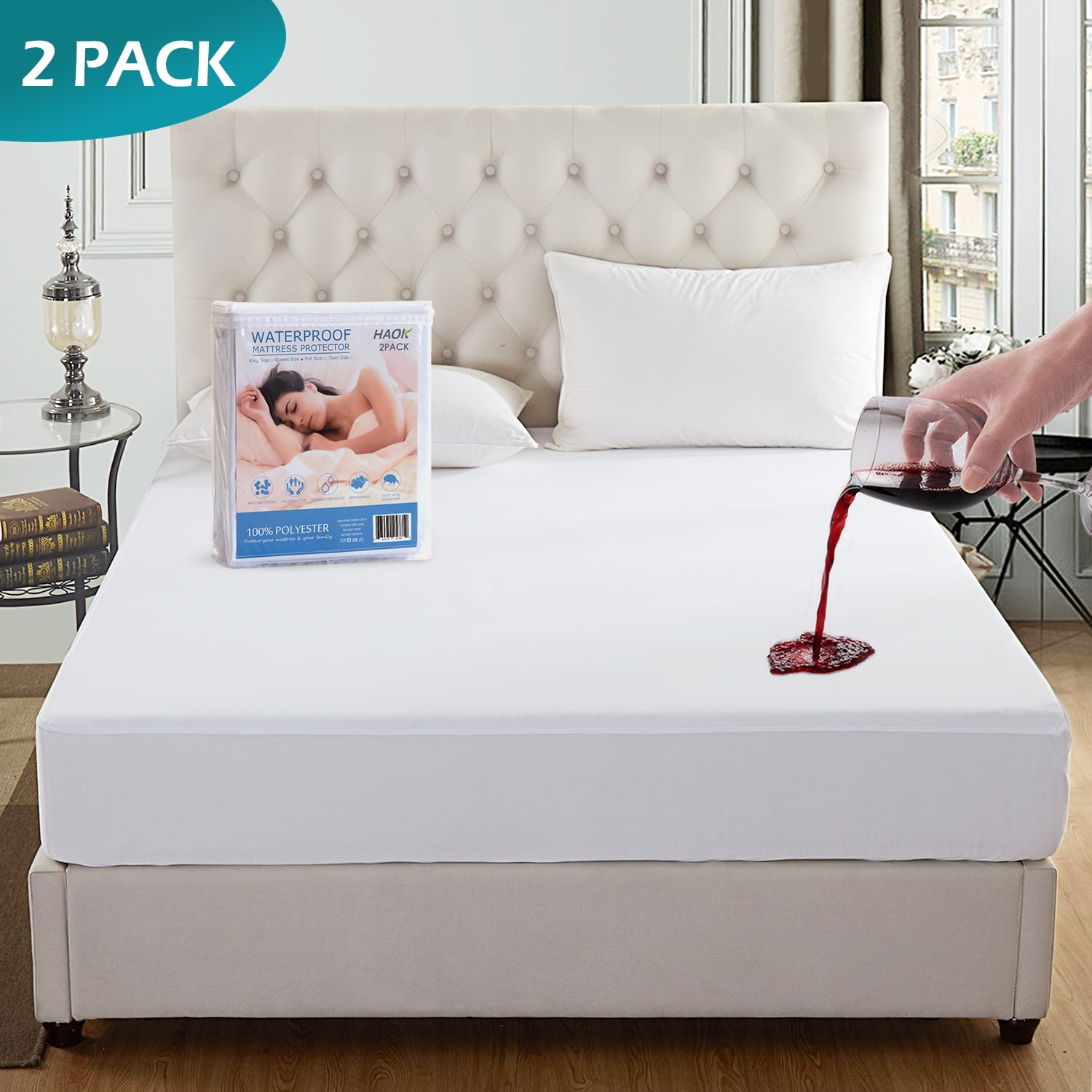 HAOK Waterproof Fitted Microfiber Mattress Protector, Queen, 2 Pack