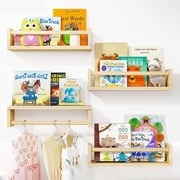 HAOKAINI 4PCS Wood Nursery Book Shelves Wall Mounted, Floating Bookshelf for Kids Room Decor, Toys and Books Storage Organizer Shelves for Child Bedroom Bathroom Kitchen