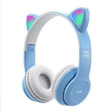 HAOKAINI Kids Headphones, Cat Ear Wireless Over-Ear Headphones with Microphone & LED Light, Bluetooth Folding Headset for Kids Teens Adults, Blue