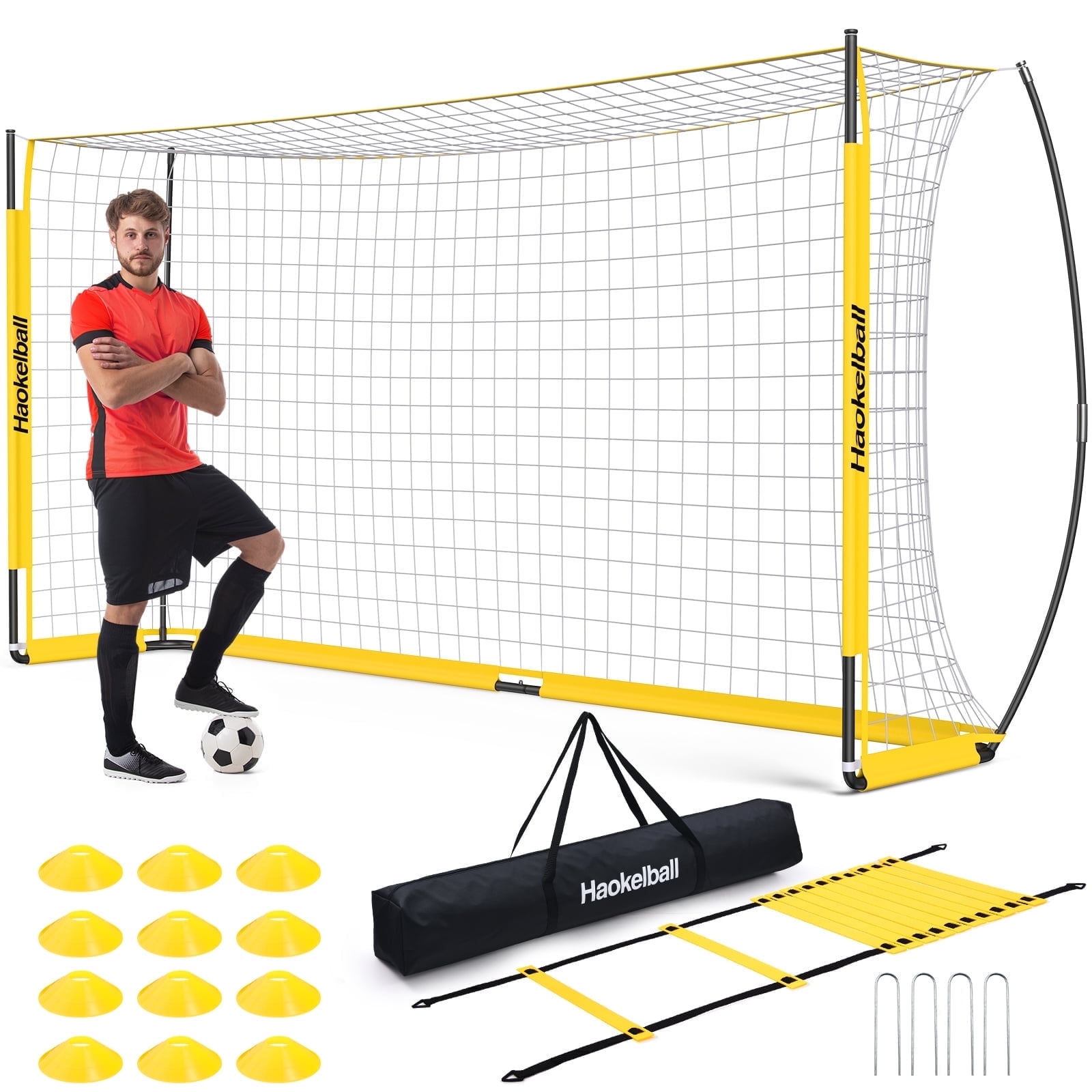 Yellow 12x6 ft Portable Soccer Goal with Agility Ladder and Cones