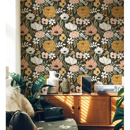 HAOKHOME Vintage Large Floral Peel and Stick Wallpaper Removable Daisy Leaf Black/Sand/Oliva Vinyl Self Adhesive Mural 17.7in x 9.8ft