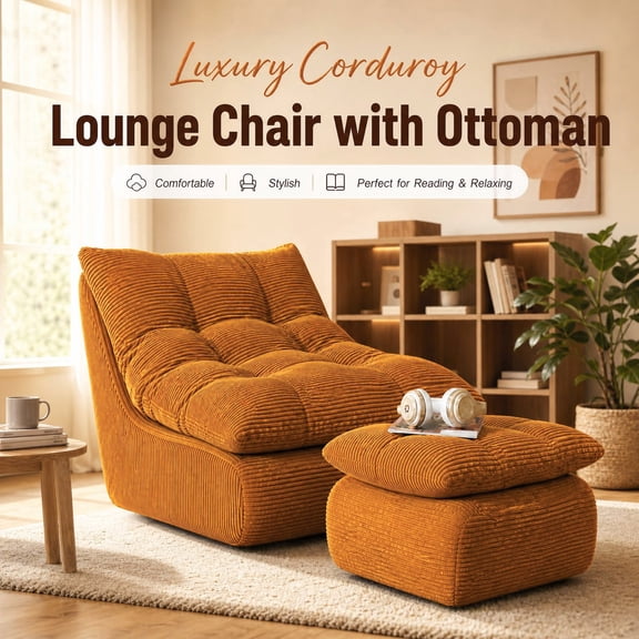 HAOLE Modern Accent Lounge Chair with Ottoman, Wide Comfy Reading Chair for Living Room Bedroom, Ergonomic Leisure Recliner, 330 lbs Capacity, Beige