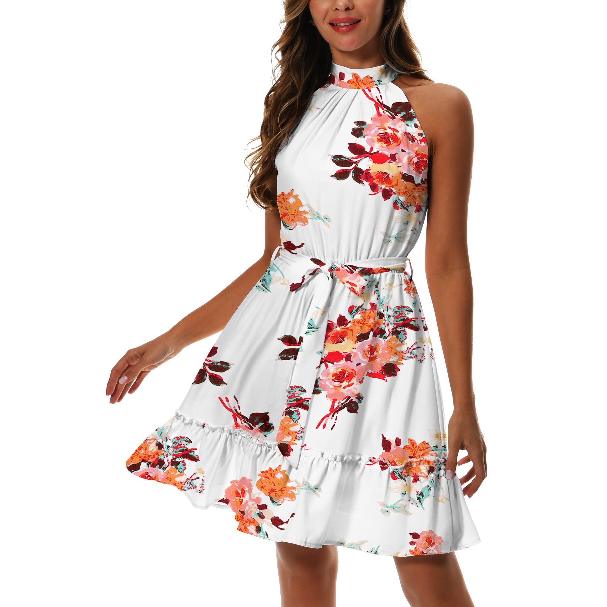 HAOMEILI Women Summer Halter Neck Dresses Sleeveless Casual Floral ...