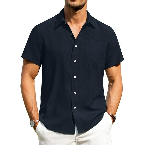 HAOMEILI Men's Casual Button Down Shirts Short Sleeve Linen Shirts Summer Beach Dress Shirt