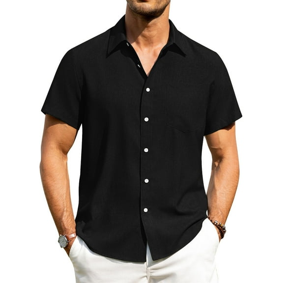 HAOMEILI Men's Casual Button Down Shirts Short Sleeve Linen Shirts Summer Beach Dress Shirt