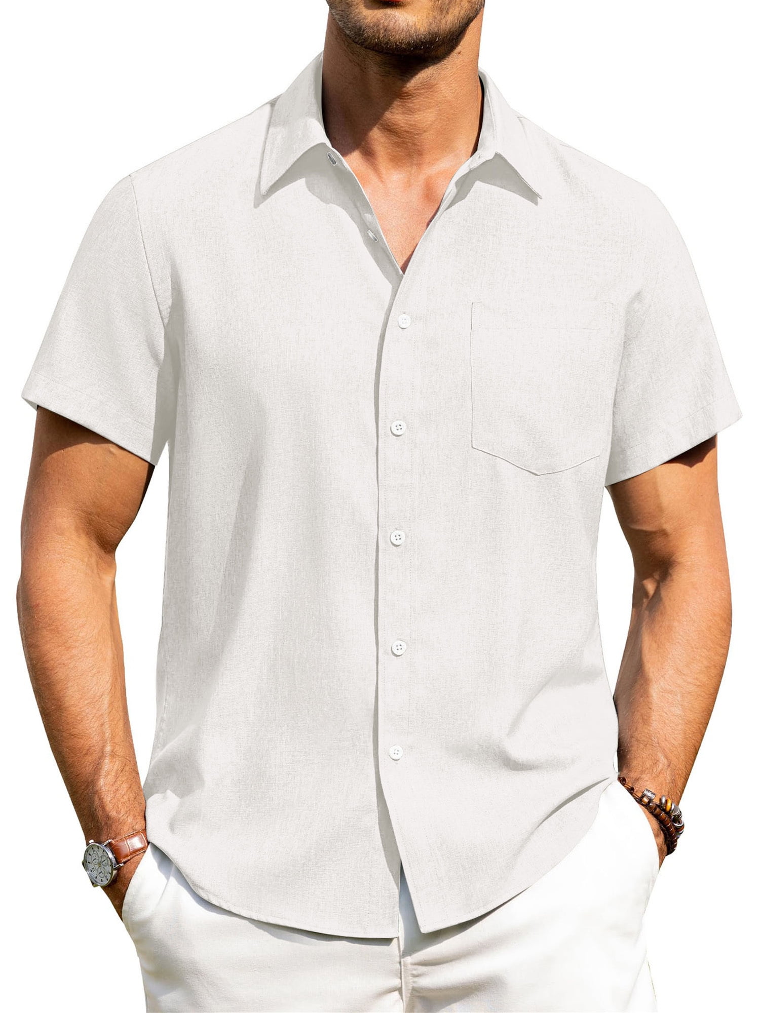 HAOMEILI Men's Casual Button Down Shirts Short Sleeve Linen Shirts Summer Beach Dress Shirt