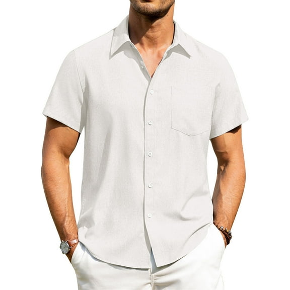 HAOMEILI Men's Casual Button Down Shirts Short Sleeve Linen Shirts Summer Beach Dress Shirt