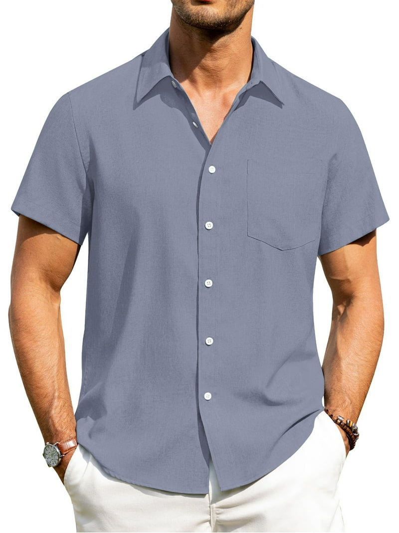 Haomeili Men's Casual Button Down Shirts Short Sleeve Linen Shirts Summer Beach Dress Shirt