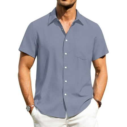 HAOMEILI Men's Casual Button Down Shirts Short Sleeve Linen Shirts Summer Beach Dress Shirt