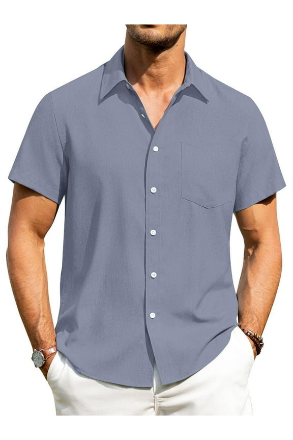 Men's Casual Button Down Shirts Short Sleeve Linen Shirts Summer Beach Dress Shirt