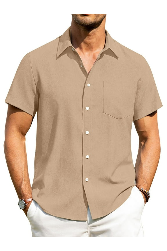 Men's Casual Button Down Shirts Short Sleeve Linen Shirts Summer Beach Dress Shirt