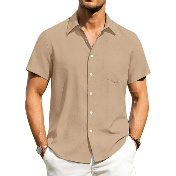 HAOMEILI Men's Casual Button Down Shirts Short Sleeve Linen Shirts Summer Beach Dress Shirt