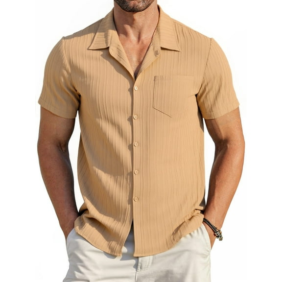 HAOMEILI Men's Casual Button Down Shirts Short Sleeve Textured Summer Beach Shirt with Pocket