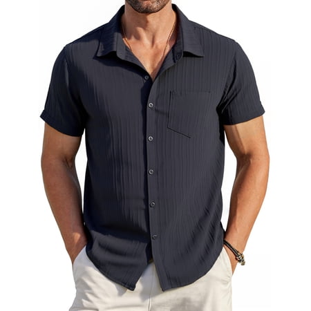 HAOMEILI Men's Casual Button Down Shirts Short Sleeve Textured Summer Beach Shirt with Pocket