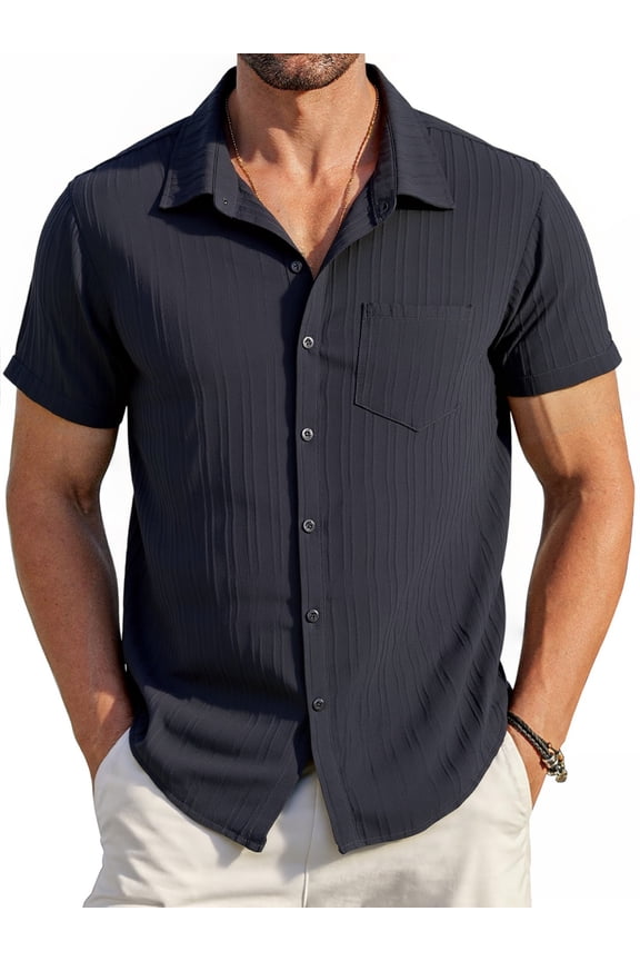 Men's Casual Button Down Shirts Short Sleeve Textured Summer Beach Shirt with Pocket