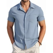 HAOMEILI Men's Casual Button Down Shirts Short Sleeve Textured Summer Beach Shirt with Pocket