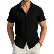 HAOMEILI Men's Casual Button Down Shirts Short Sleeve Textured Summer Beach Shirt with Pocket