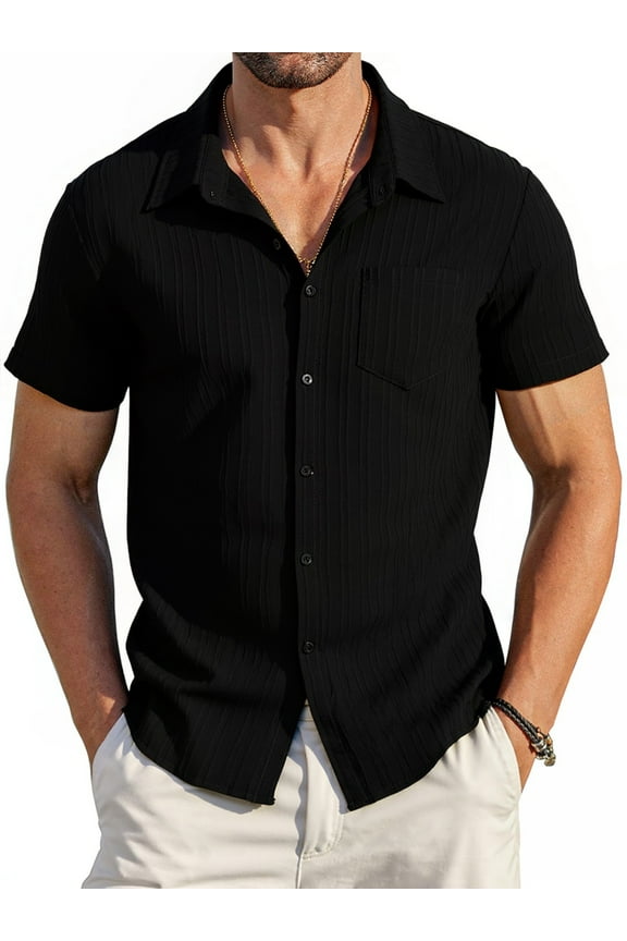 Men's Casual Button Down Shirts Short Sleeve Textured Summer Beach Shirt with Pocket