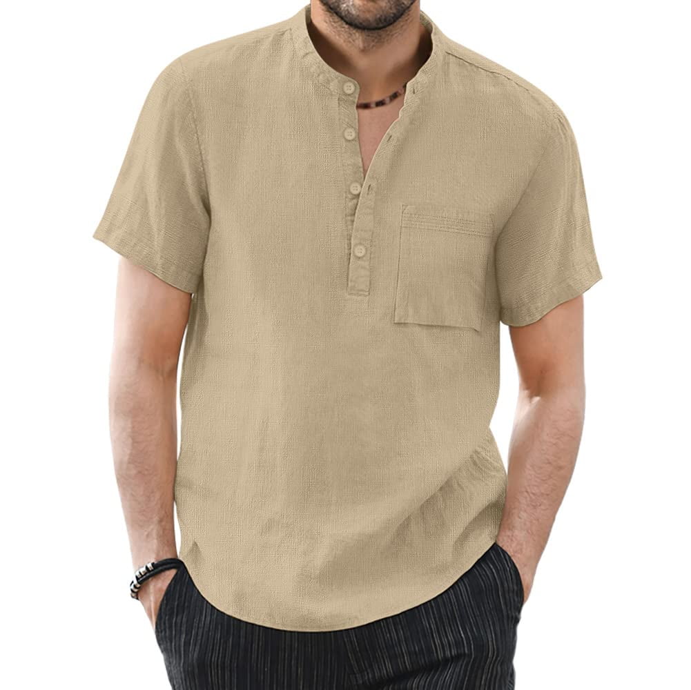 Best Deal for NIUQI Mens Summer T Shirts Cotton Linen Henley Shirt Short