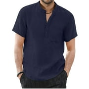 HAOMEILI Men's Casual Cotton Linen Henley Shirts Short Sleeve Hippie Beach T-Shirt