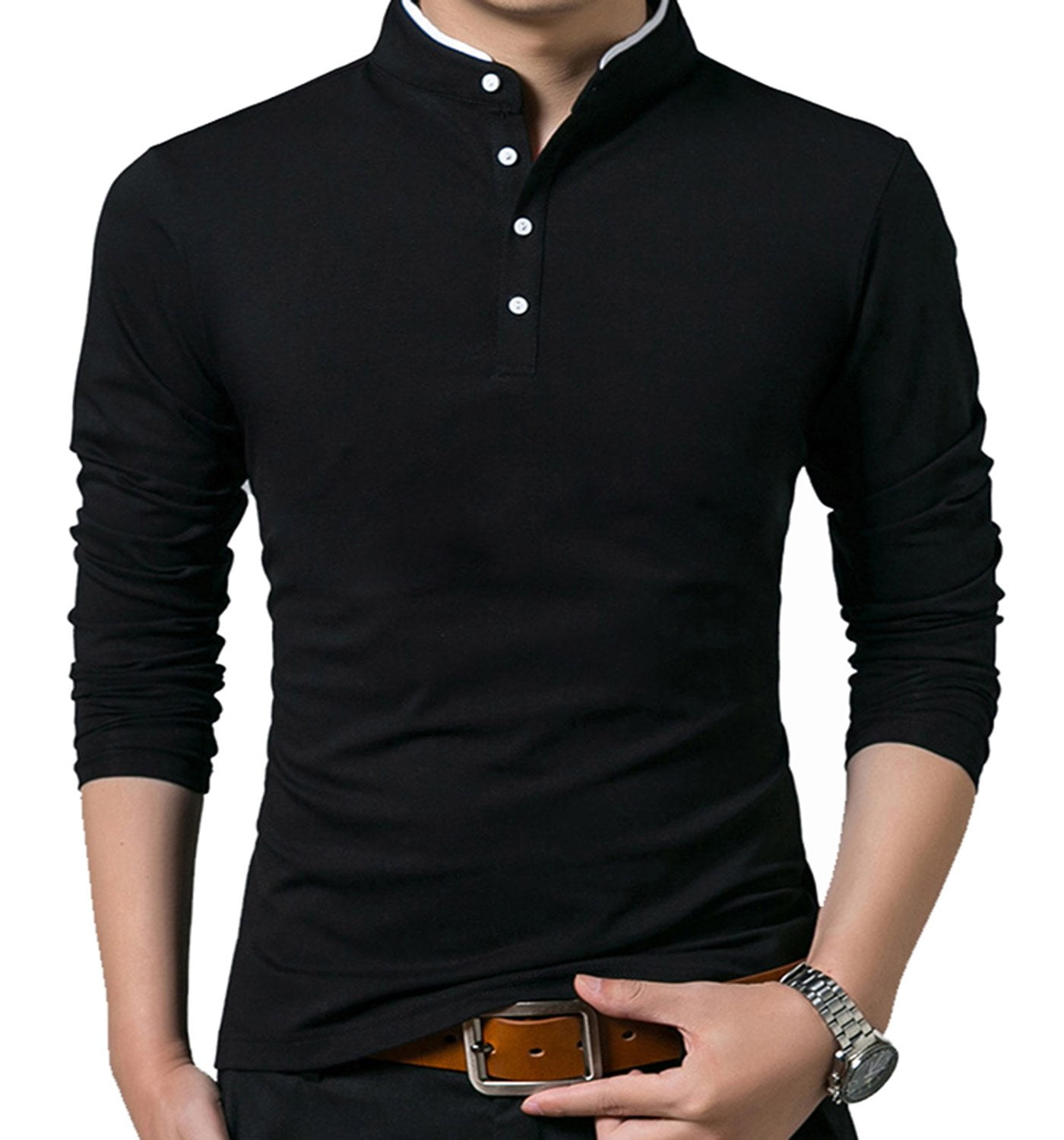 HAOMEILI Men’s Casual Slim Fit Shirts Pure Color Short&Long Sleeve Polo ...