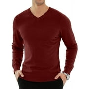HAOMEILI Men Casual V Neck Sweater Ribbed Knit Slim Fit Long Sleeve Pullover Top