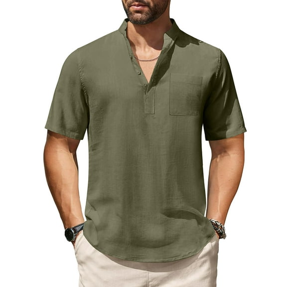 HAOMEILI Men's Cotton Linen Henley Shirt Short Sleeve Hippie Casual Beach T-Shirts with Pocket