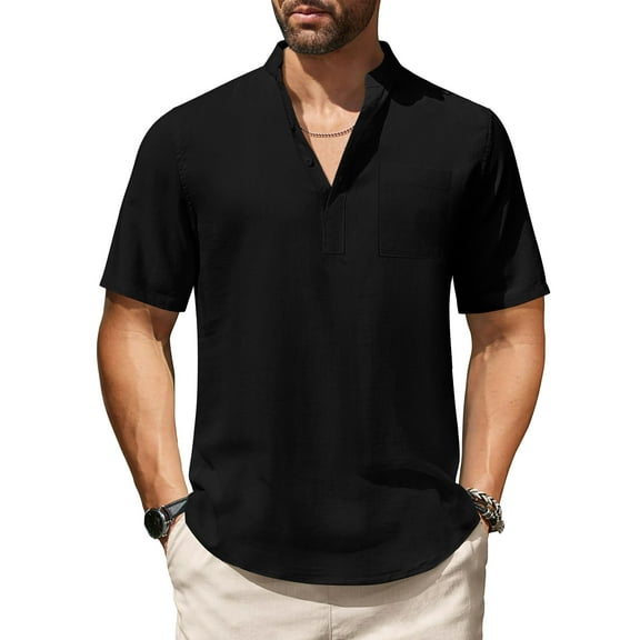 HAOMEILI Men's Cotton Linen Henley Shirt Short Sleeve Hippie Casual Beach T-Shirts with Pocket
