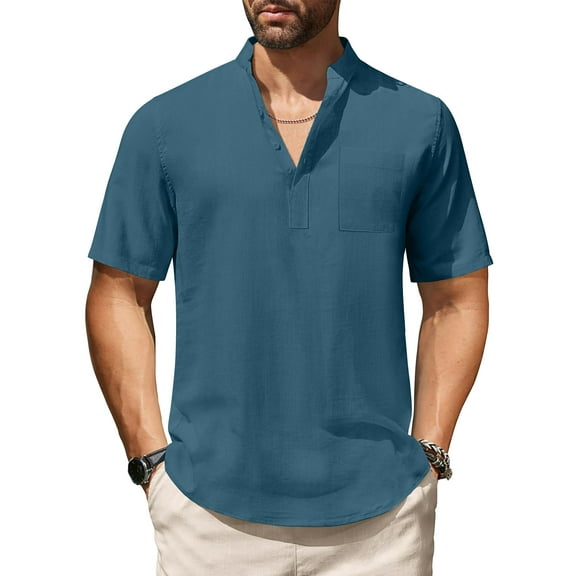 HAOMEILI Men's Cotton Linen Henley Shirt Short Sleeve Hippie Casual Beach T-Shirts with Pocket