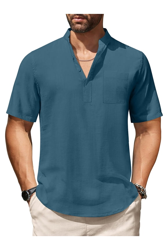Men's Cotton Linen Henley Shirt Short Sleeve Hippie Casual Beach T-Shirts with Pocket