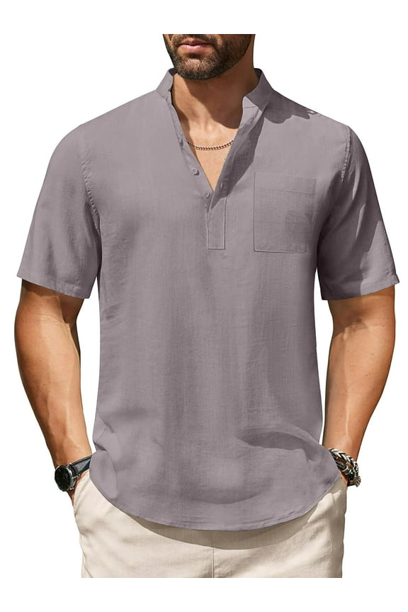 Men's Cotton Linen Henley Shirt Short Sleeve Hippie Casual Beach T-Shirts with Pocket