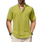 HAOMEILI Men's Cotton Linen Henley Shirt Short Sleeve Hippie Casual Beach T-Shirts with Pocket
