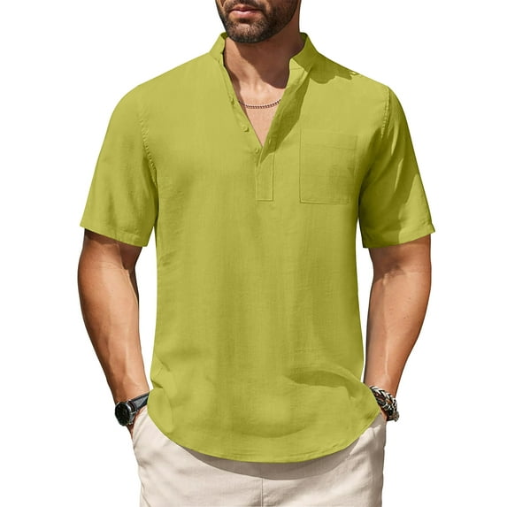 HAOMEILI Men's Cotton Linen Henley Shirt Short Sleeve Hippie Casual Beach T-Shirts with Pocket
