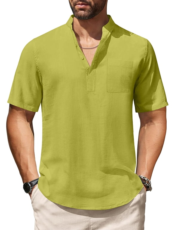 Men's Cotton Linen Henley Shirt Short Sleeve Hippie Casual Beach T-Shirts with Pocket
