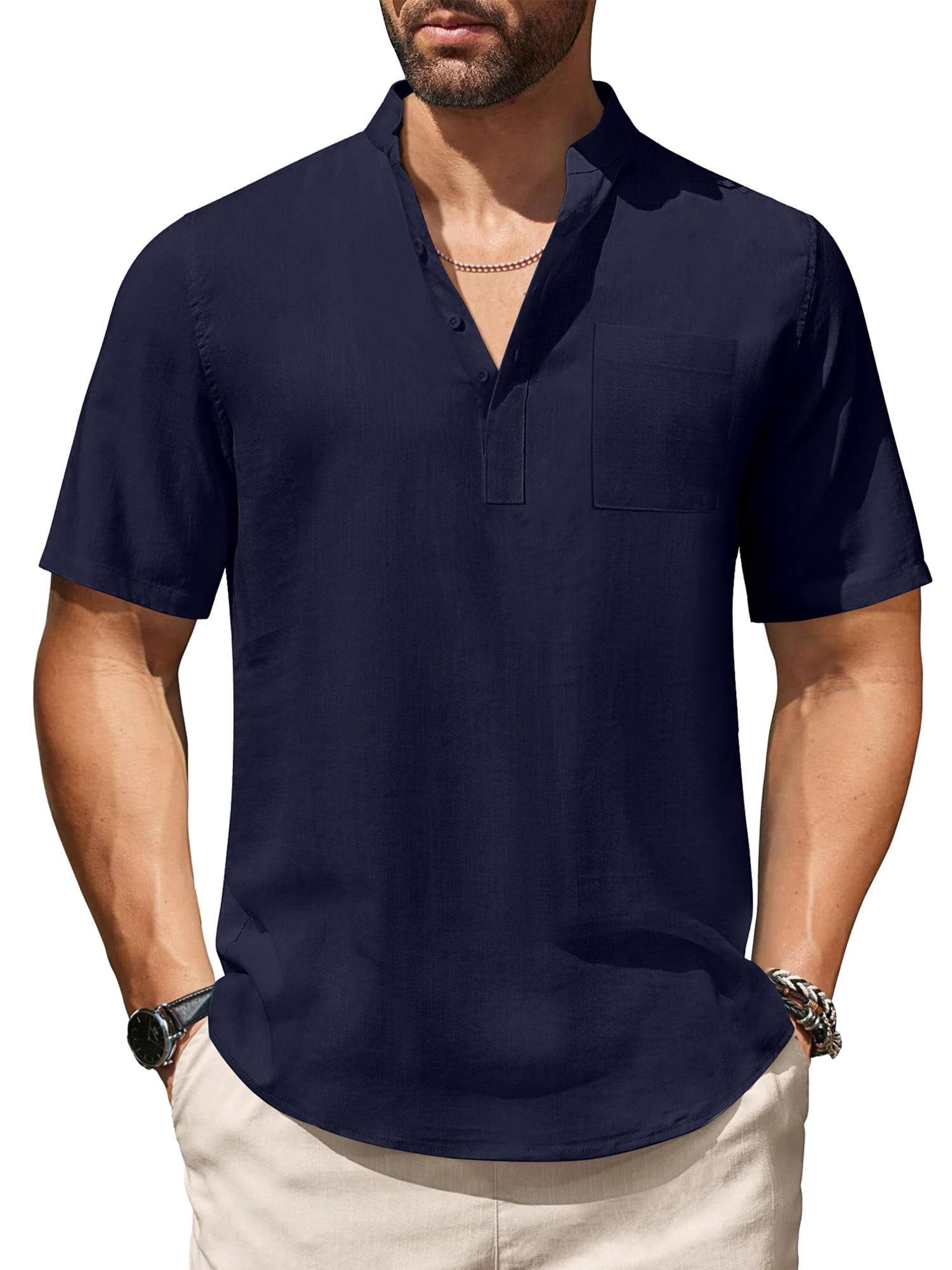 Men's Cotton Linen Henley Shirt Short Sleeve Hippie Casual Beach T-Shirts with Pocket
