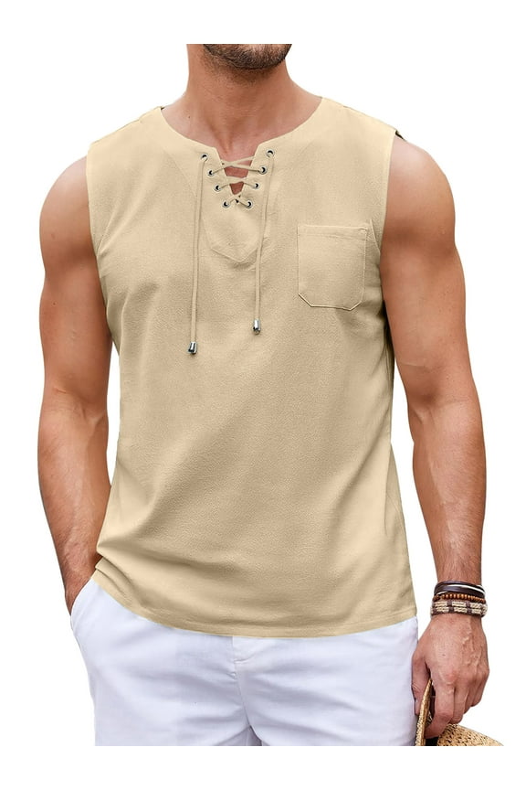 Men's Cotton Linen Tank Top Shirts Casual Sleeveless Lace Up Beach Hippie Tops Bohemian Renaissance Pirate Tunic