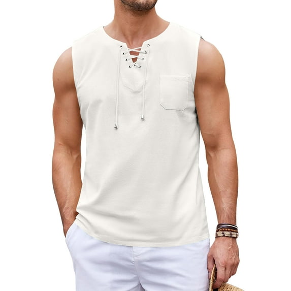HAOMEILI Men's Cotton Linen Tank Top Shirts Casual Sleeveless Lace Up Beach Hippie Tops Bohemian Renaissance Pirate Tunic