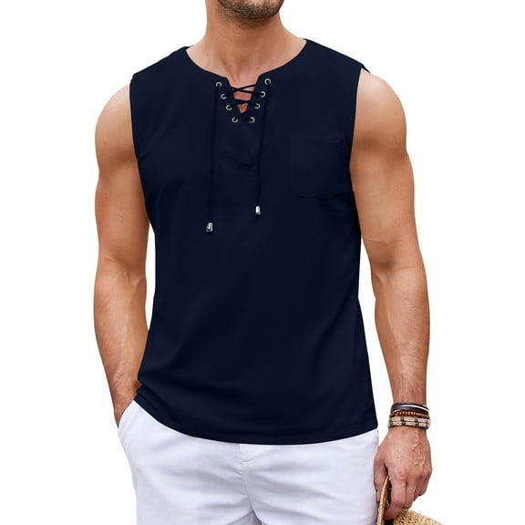 HAOMEILI Men's Cotton Linen Tank Top Shirts Casual Sleeveless Lace Up Beach Hippie Tops Bohemian Renaissance Pirate Tunic