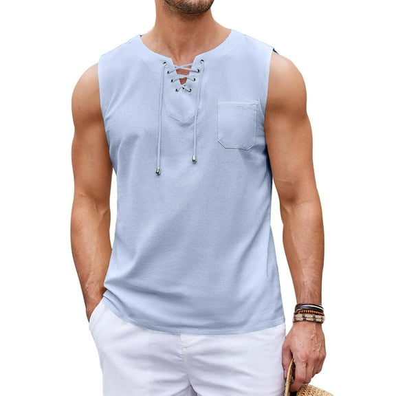 HAOMEILI Men's Cotton Linen Tank Top Shirts Casual Sleeveless Lace Up Beach Hippie Tops Bohemian Renaissance Pirate Tunic