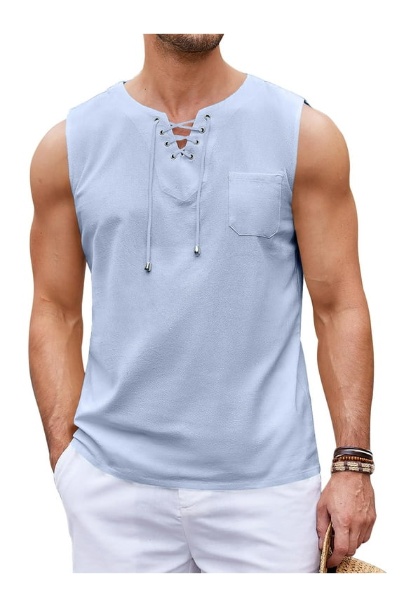 Men's Cotton Linen Tank Top Shirts Casual Sleeveless Lace Up Beach Hippie Tops Bohemian Renaissance Pirate Tunic