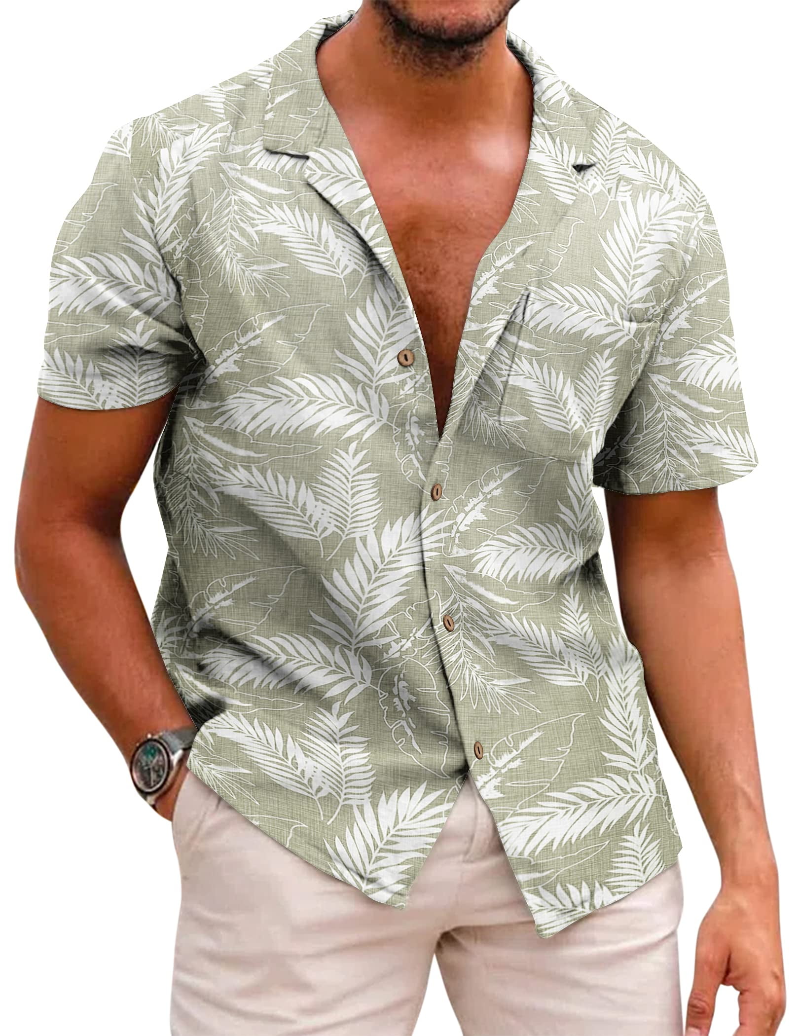 HAOMEILI Men's Hawaiian Floral Shirts Cotton Linen Button Down Tropical